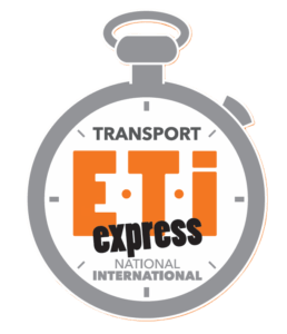 logo de de l'entreprise representant un chronomêtre dans lequel est écrit ETI transport express national international